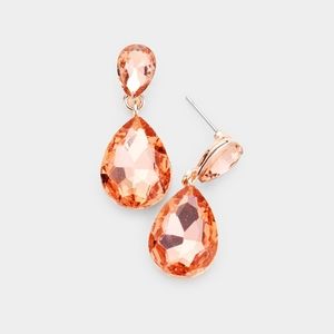 Peach Rose Gold Dangle Crystal Earrings 1.25 Inch Double Glass Teardrop